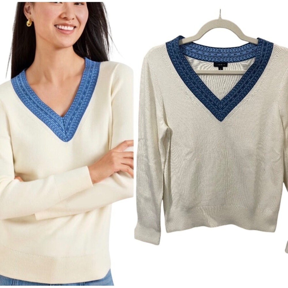 Talbots Size M Contrast V-Neck Sweater Cream Blue Pattern Trim Long Sleeve